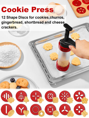 GDL cookie press set red with 10 icing tips for decorating