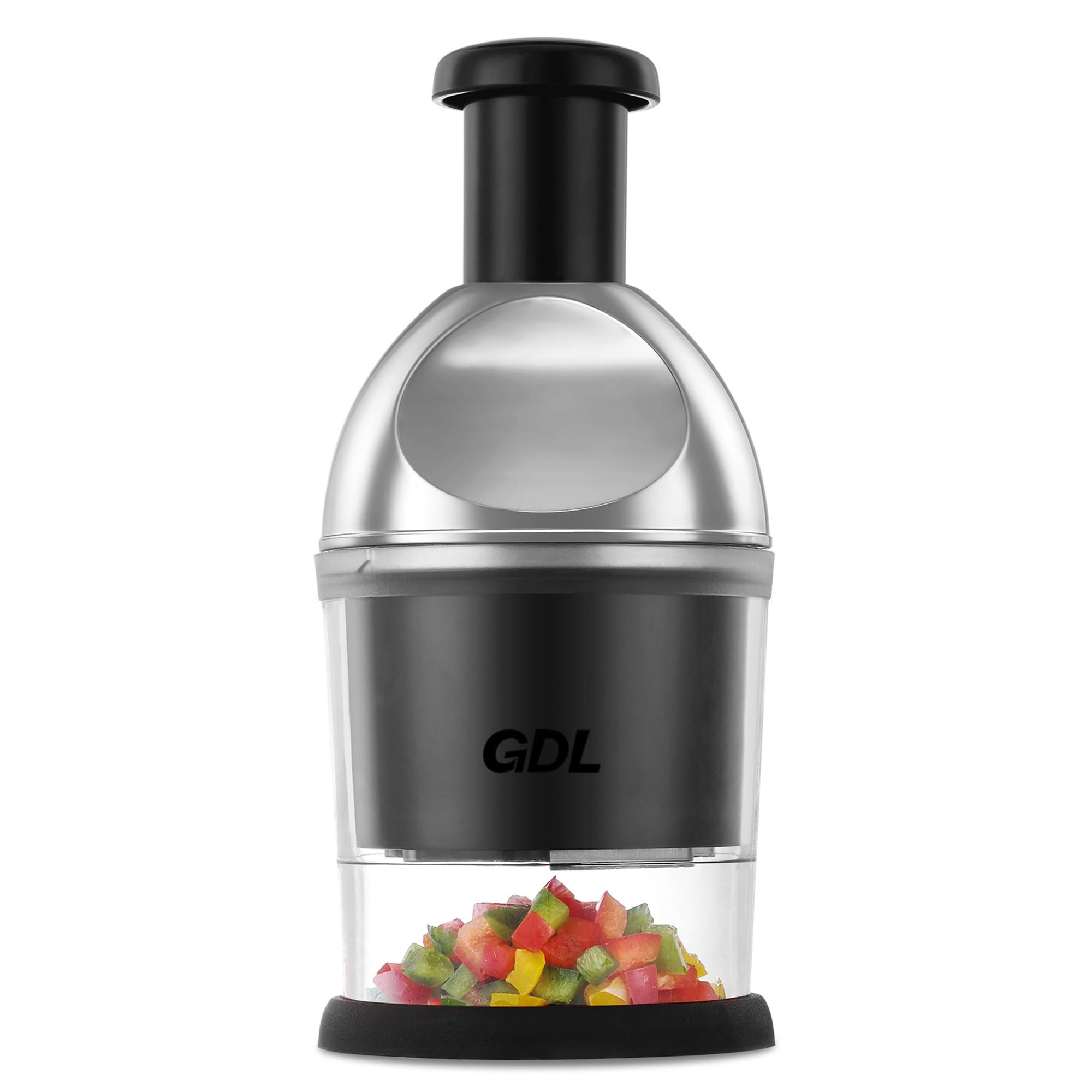 GDL Food Chopper in use with push down presser for fast meal prep