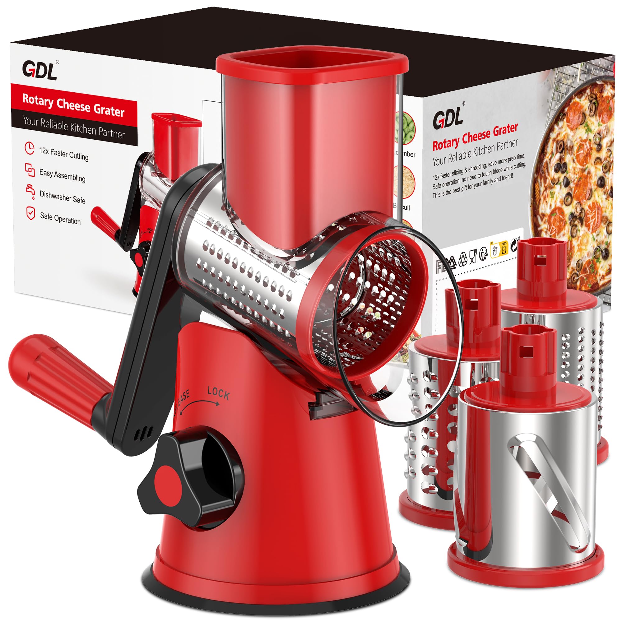 GDL rotary cheese grater base provides stable, safe prep on the counter.