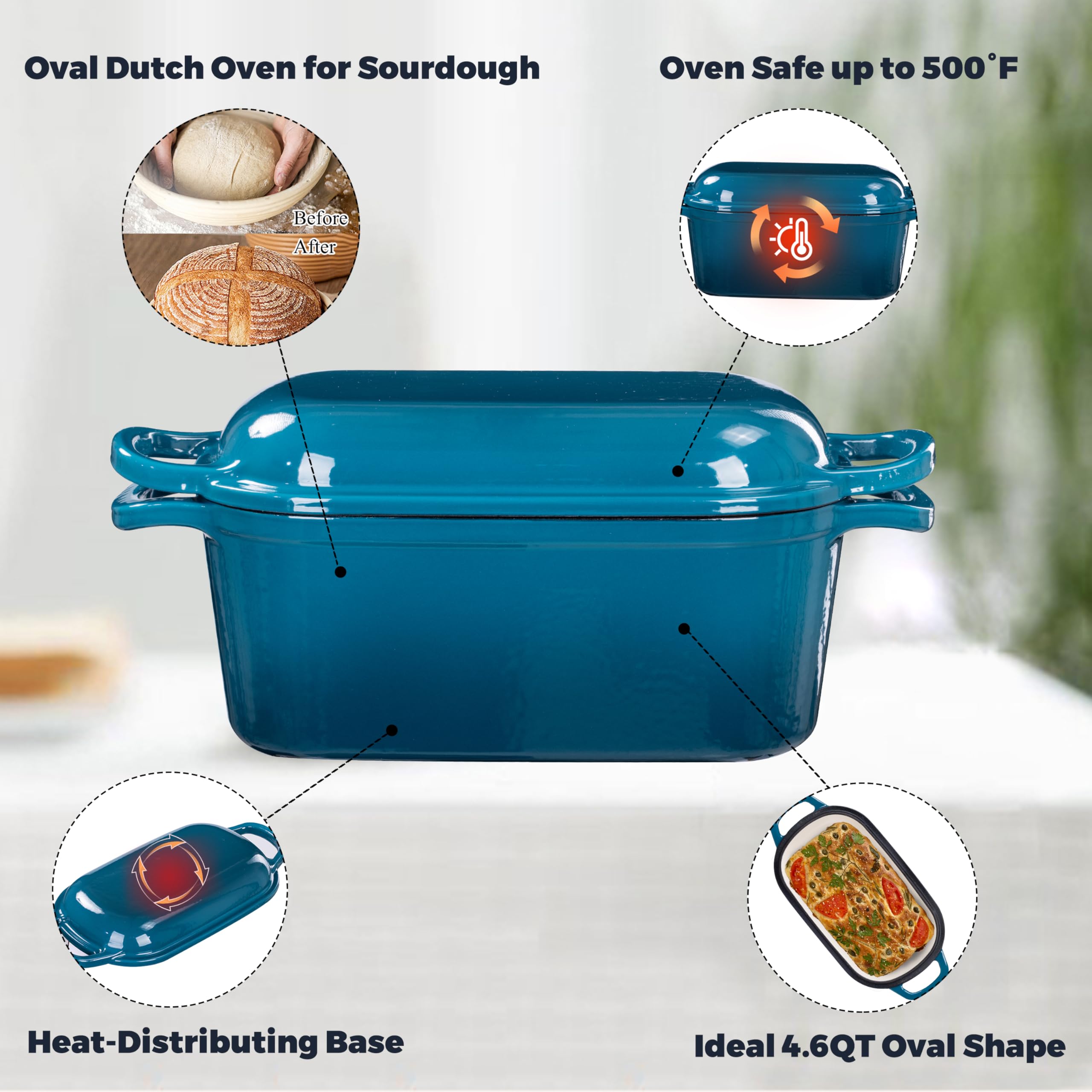 GdnWings teal Dutch oven sturdy handle, easy lifting during baking.