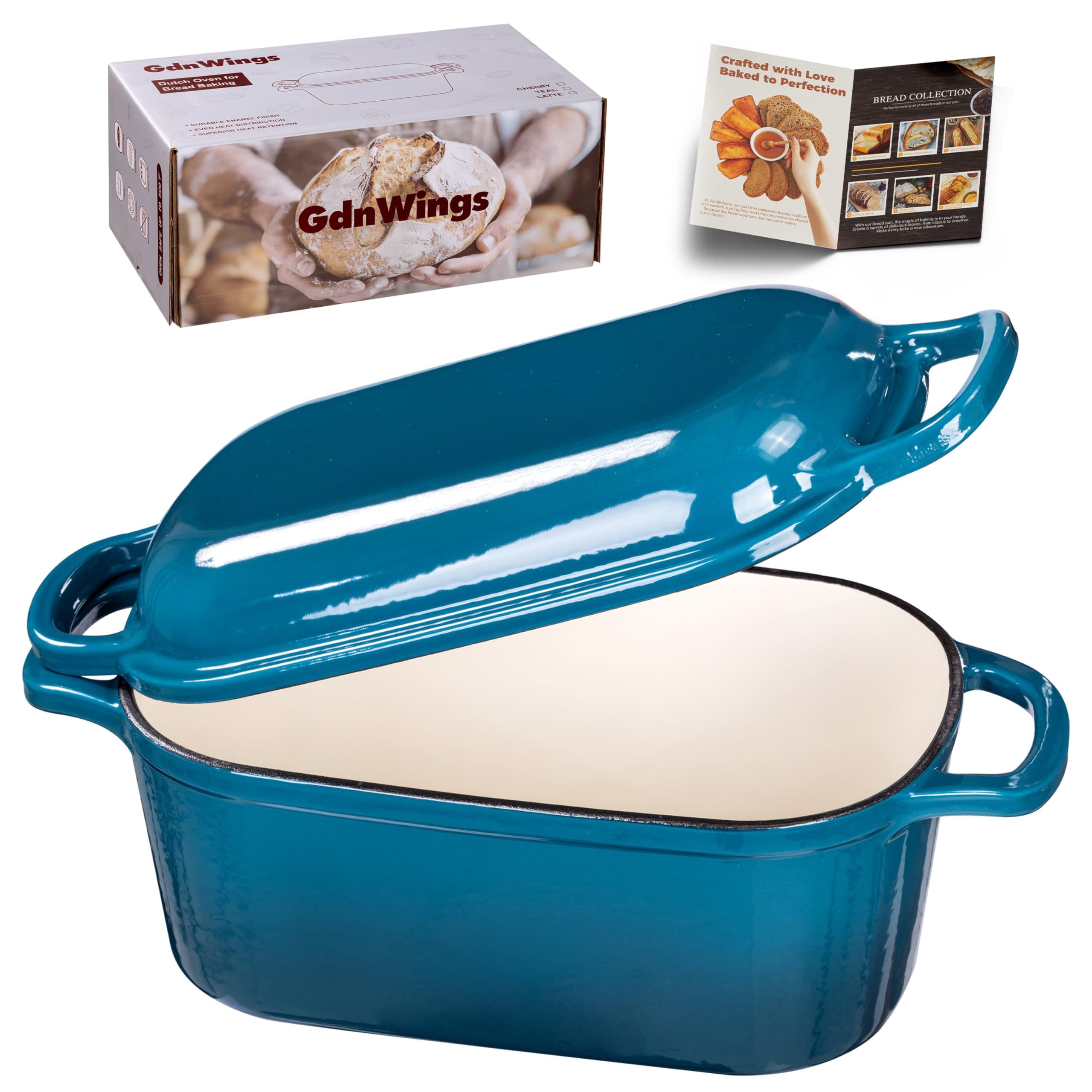 GdnWings teal Dutch oven with lid, even heat for crusty breads.