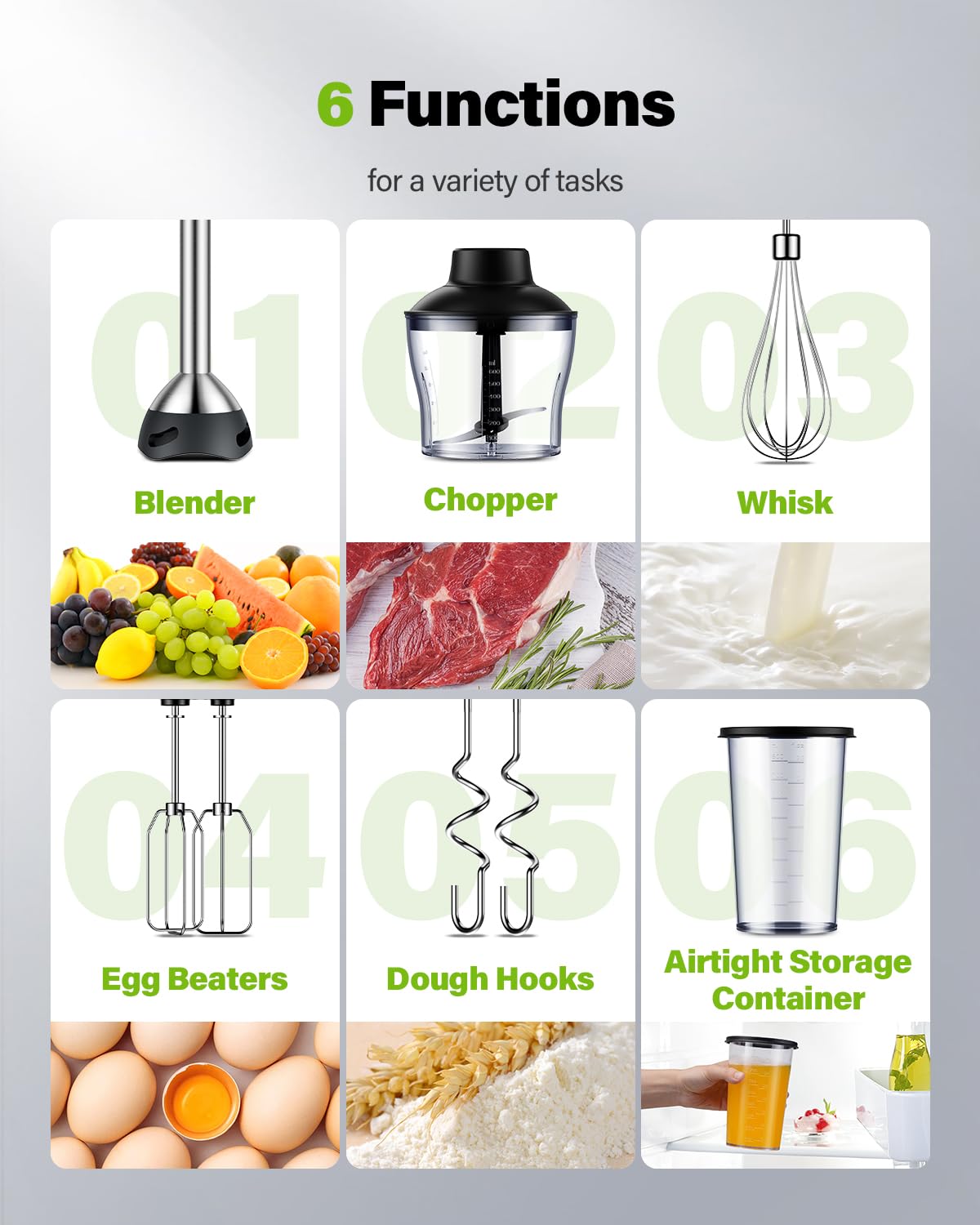 GDOR 6-in-1 immersion blender speed dial enables precise power for diverse ingredients