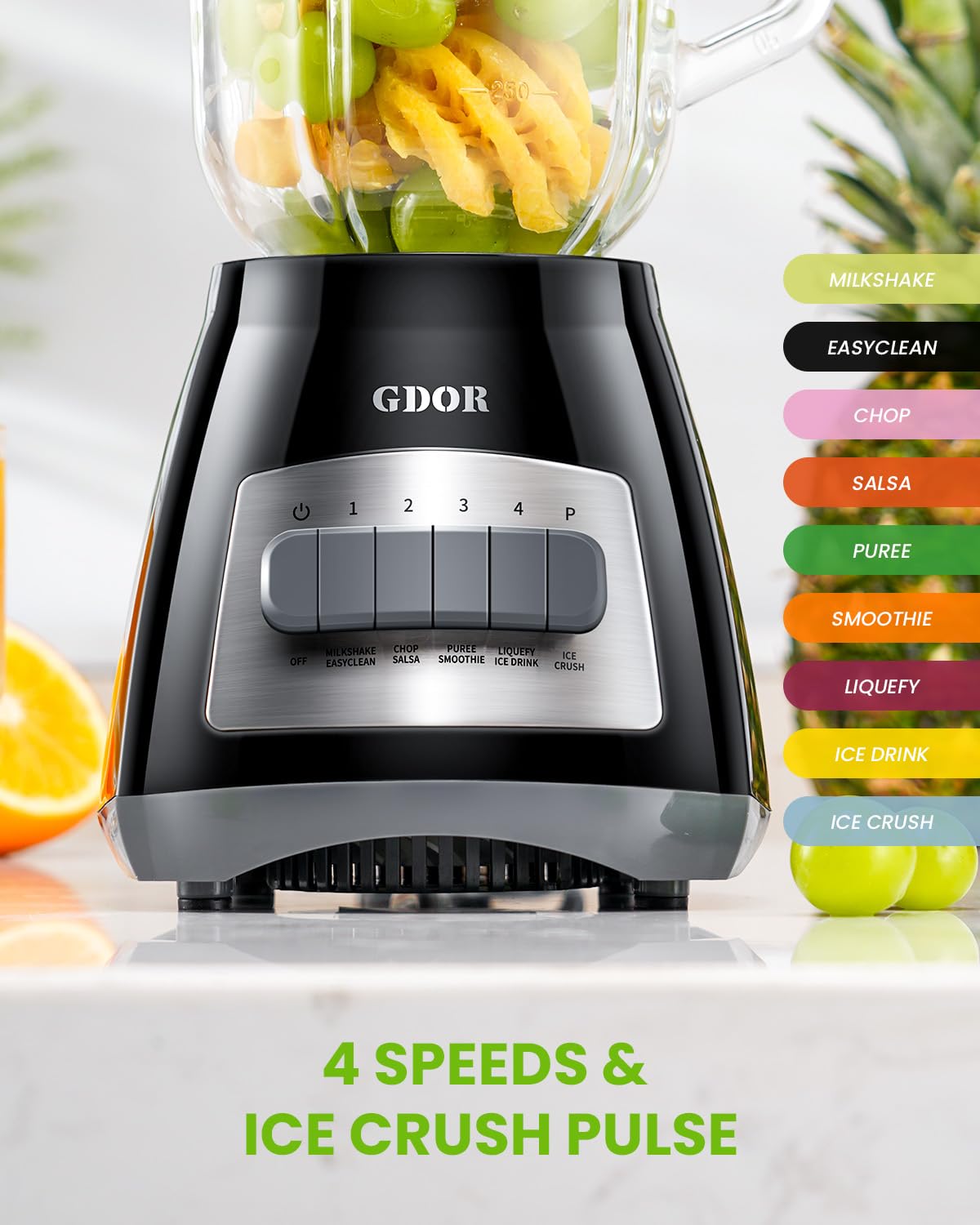 GDOR blender with six-leaf stainless blades for thorough blending