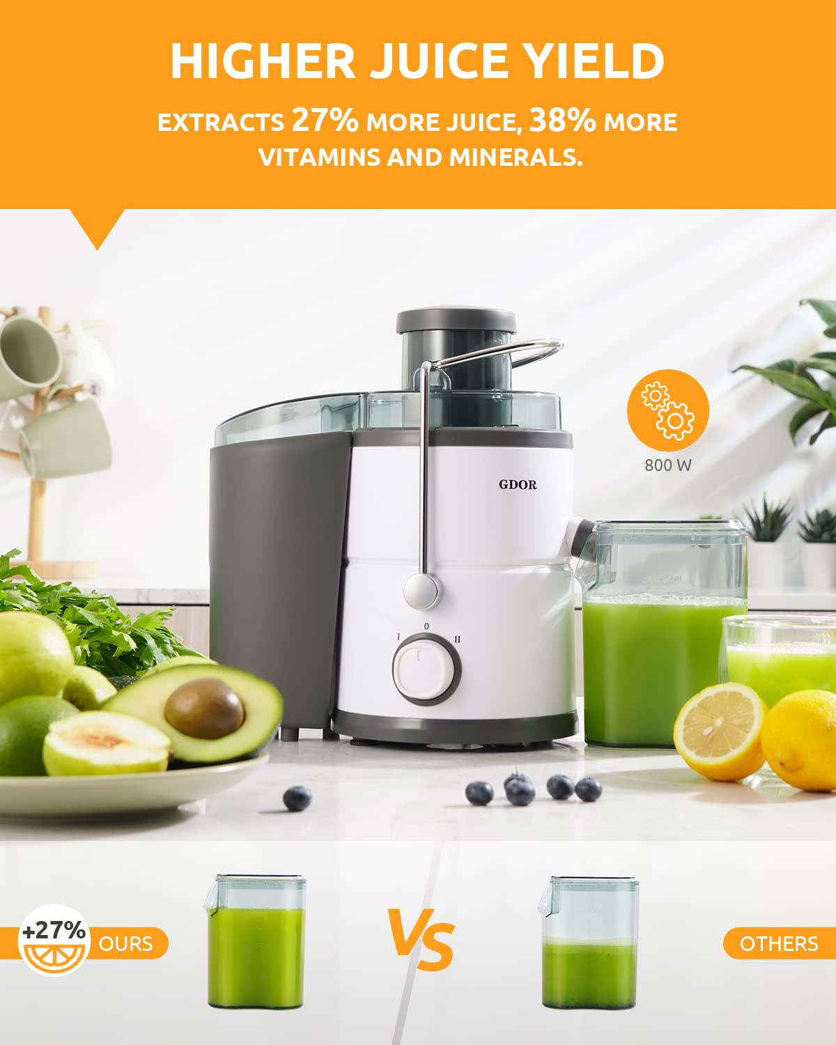 GDOR three-inch feed chute for juicing whole fruits with less prep.