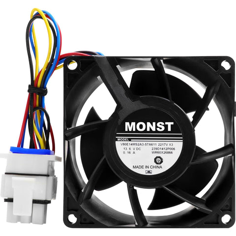GE WR60X26866 evaporator fan motor close-up, durable materials for reliable cooling