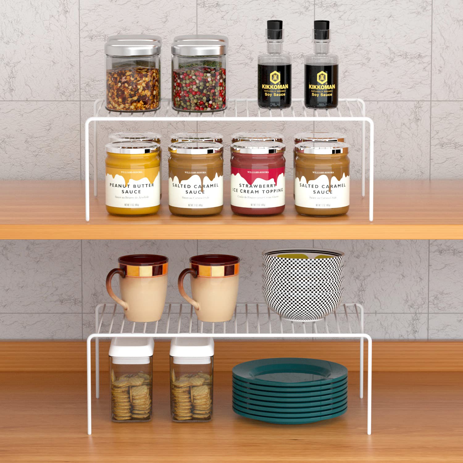 GEDLIRE wire rack dual-tier design keeps plates and bowls accessible.