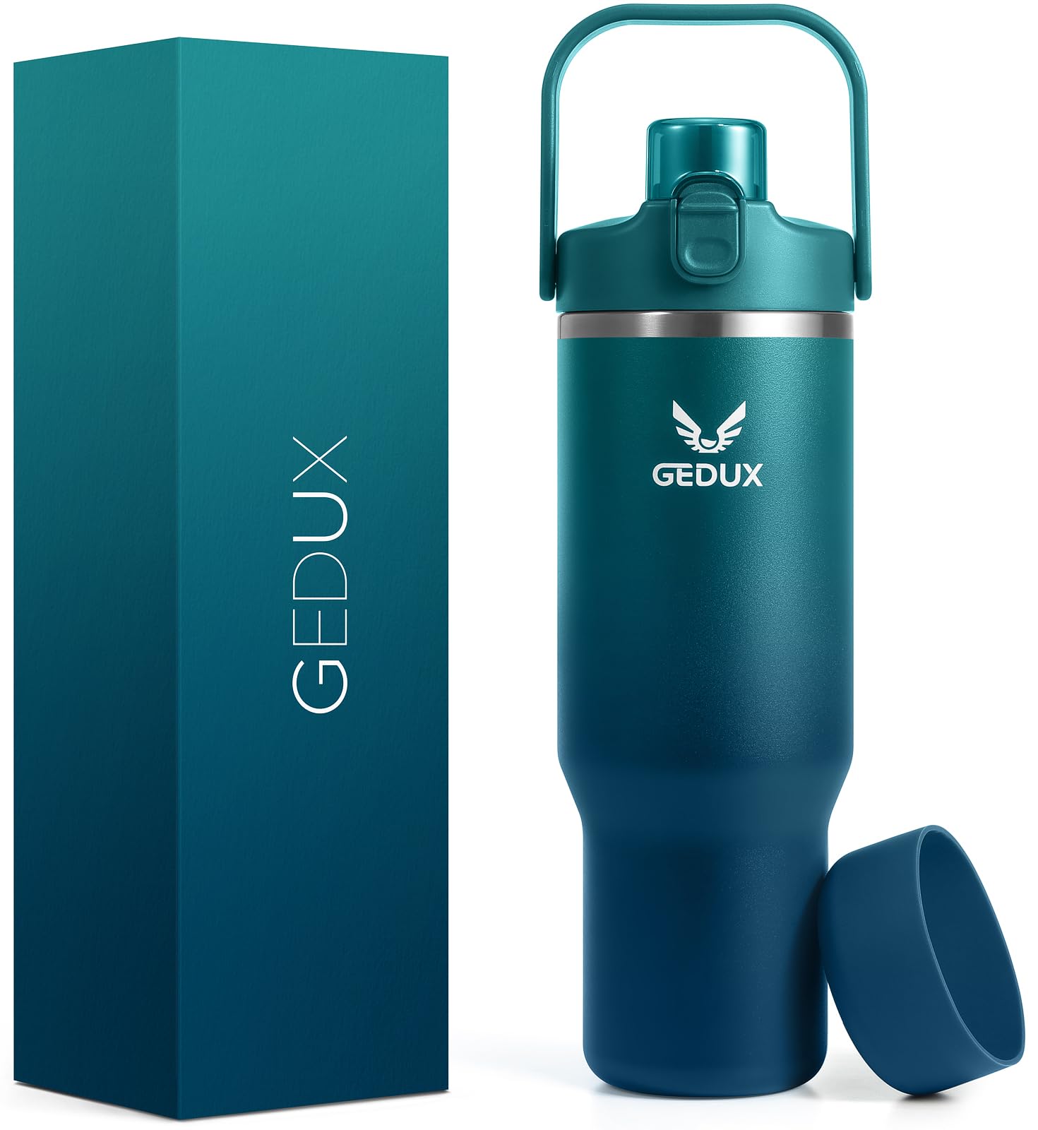 Gedux 32oz tumbler with gradient blue finish and carry handle for travel-friendly hydration