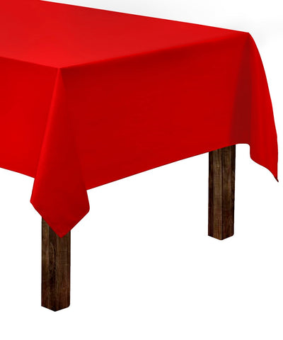 Gee Di Moda rectangle tablecloth in red on a 6-foot table, ideal for festive gatherings.