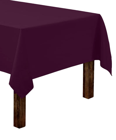 Gee Di Moda rectangle tablecloth in eggplant, flatlay, adds vibrant color to any dining setup.