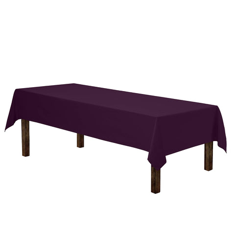 Gee Di Moda eggplant tablecloth on-table scene showcasing clean hemmed edges.