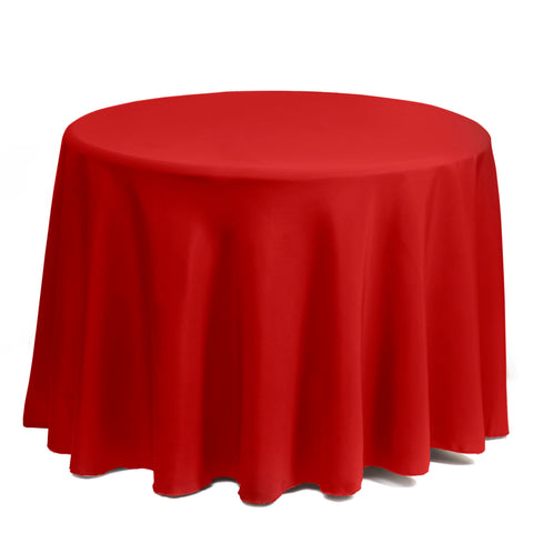 Gee Di Moda round tablecloth with hemmed edges and 15-inch drop.