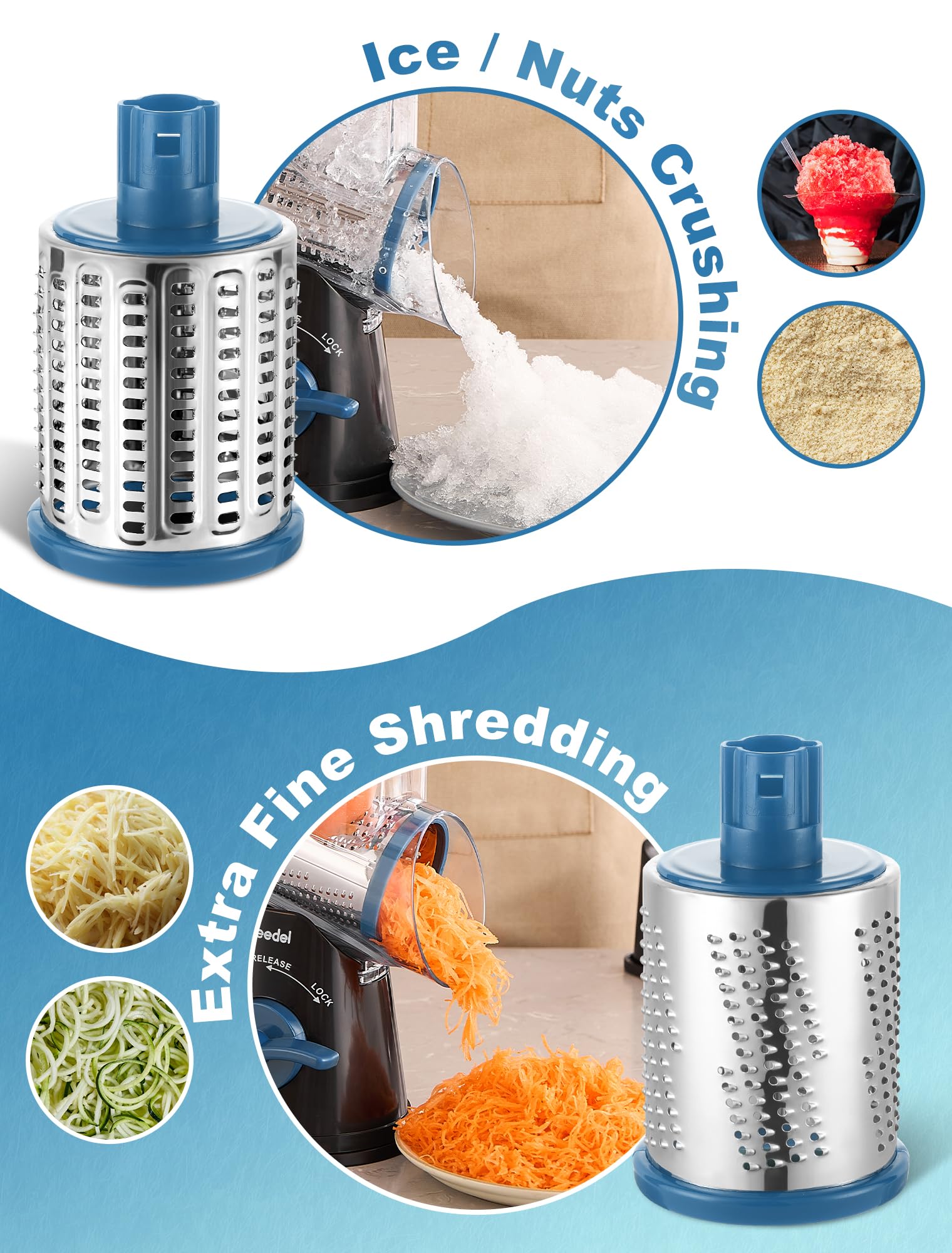 Geedel 5-in-1 blade set enables versatile slicing and shredding.