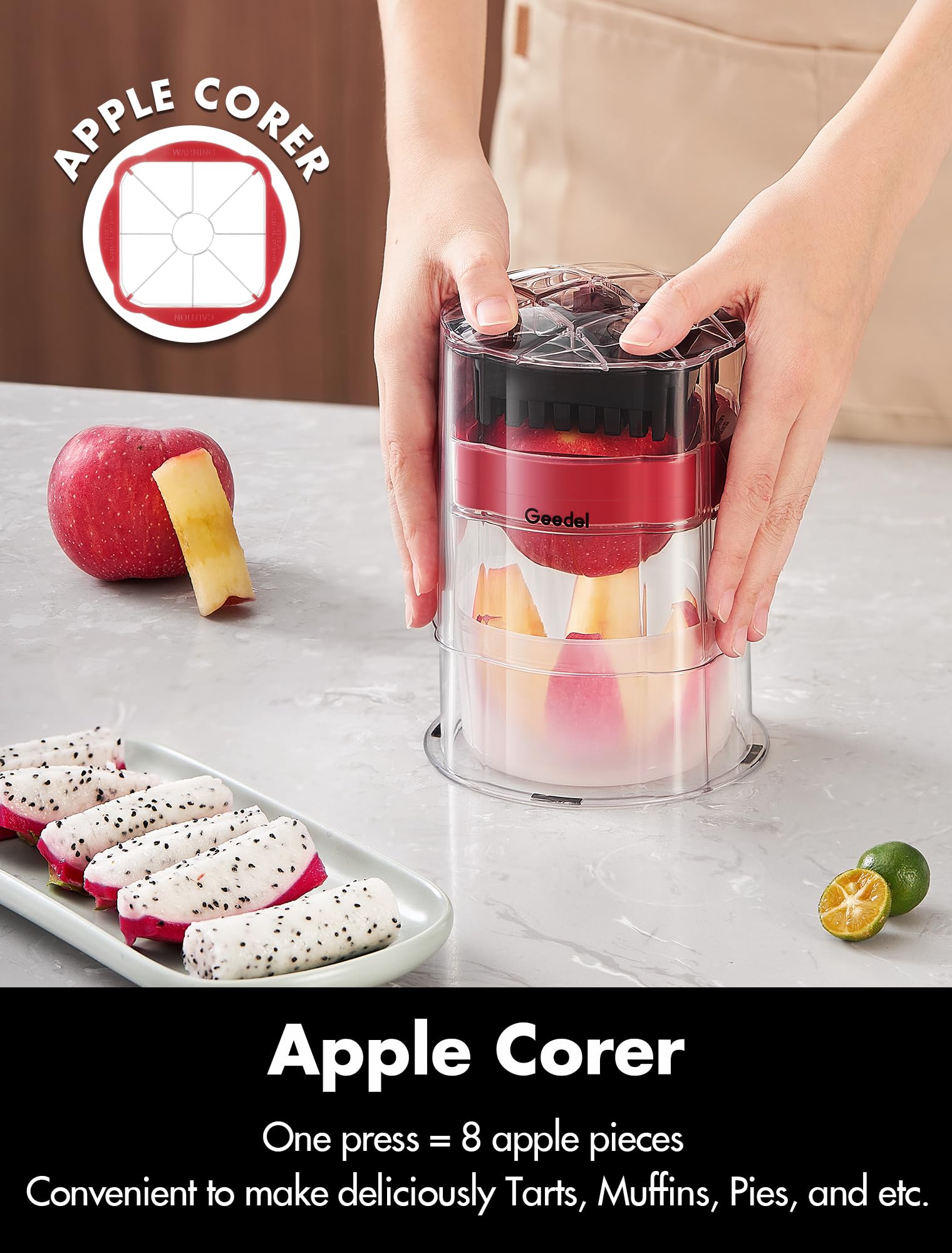 Geedel Apple Slicer and Core Blade creates neatly cored slices.