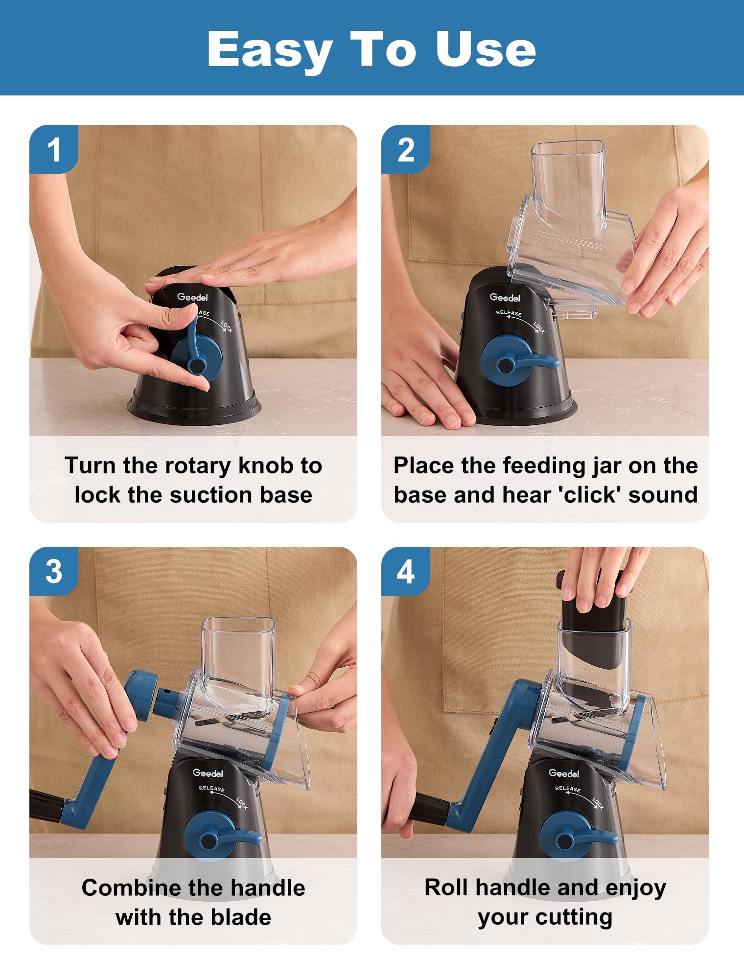 Geedel BPA free material ensures safe food preparation.
