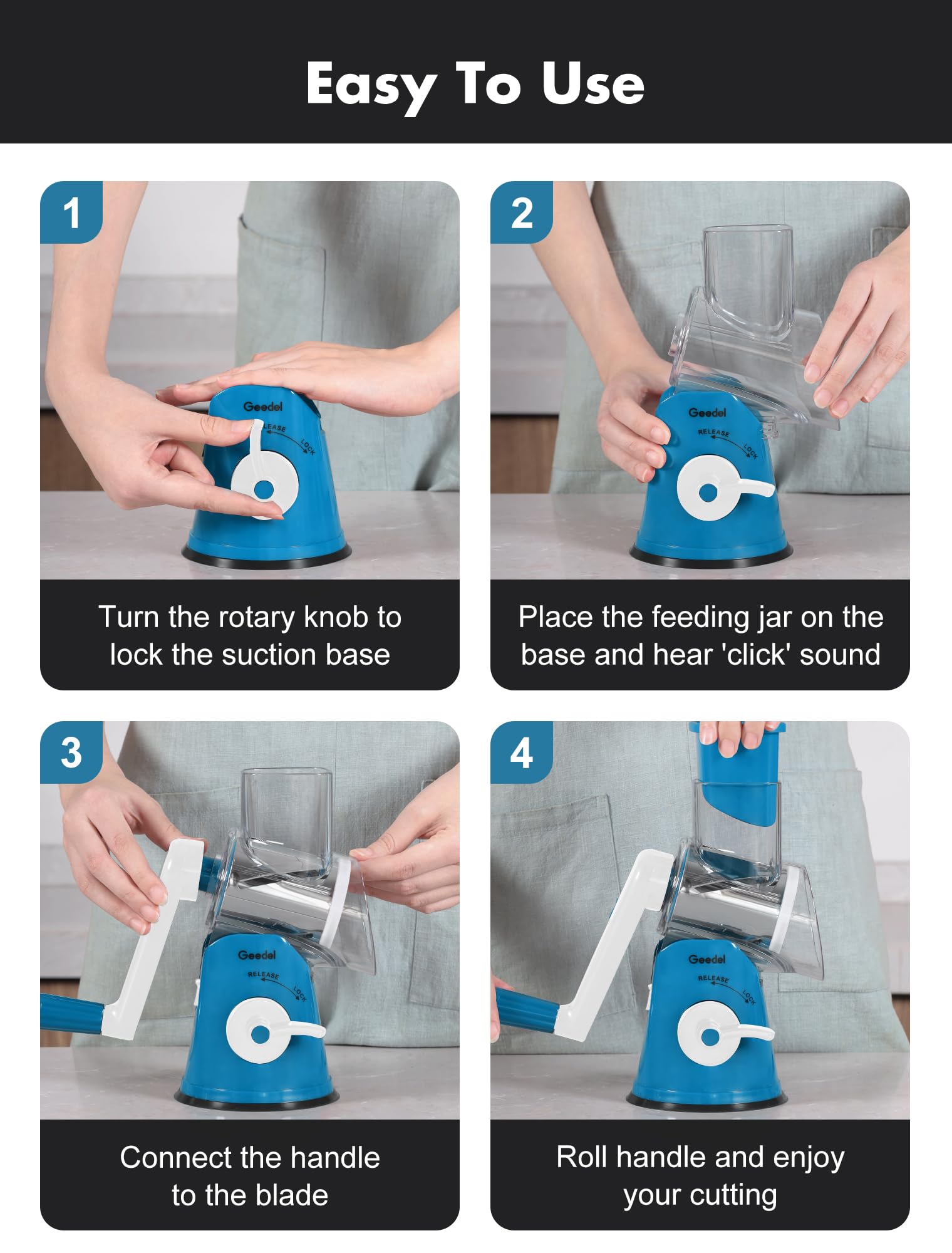 Geedel cheese grater easy-clean design for quick washing and storage.