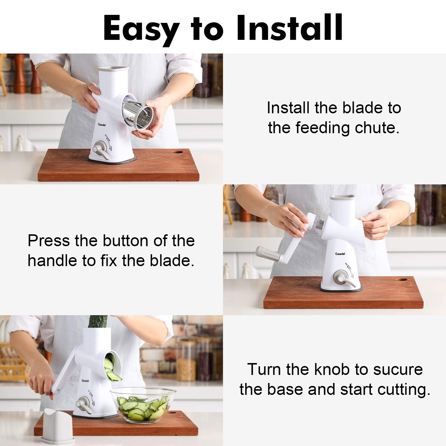 Geedel hand crank design makes grating effortless.