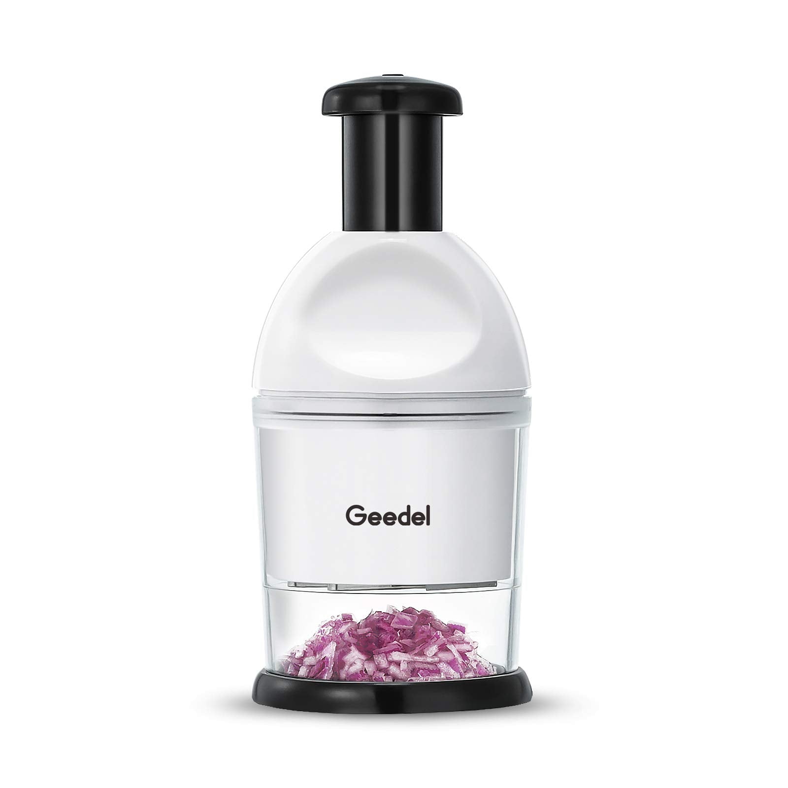 Geedel Food Chopper slicing onions quickly on the base for faster meal prep.