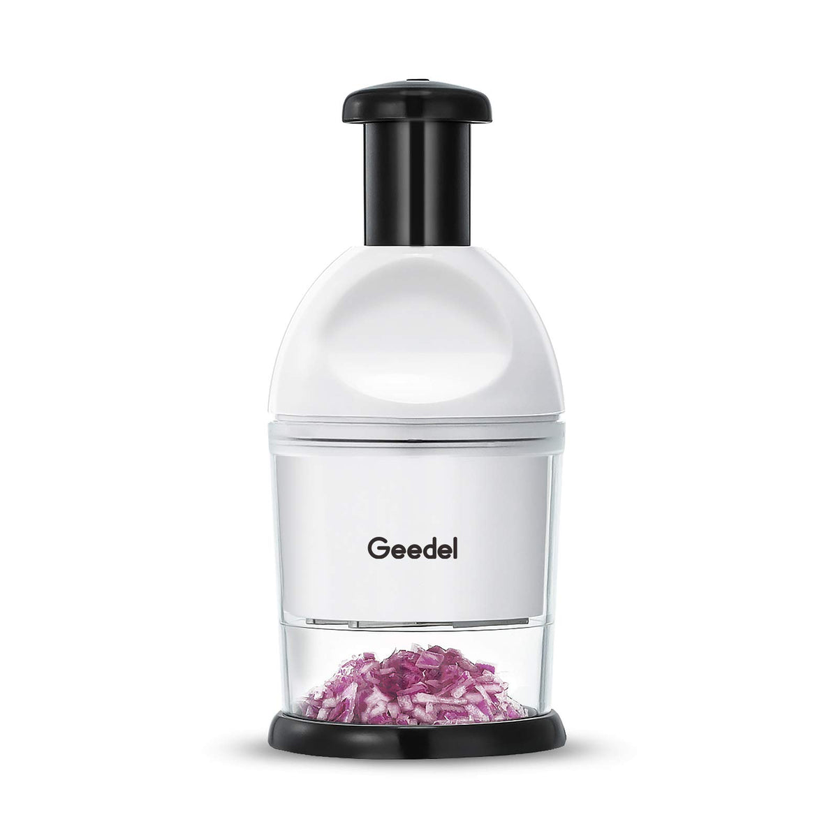 Geedel Food Chopper slicing onions quickly on the base for faster meal prep.