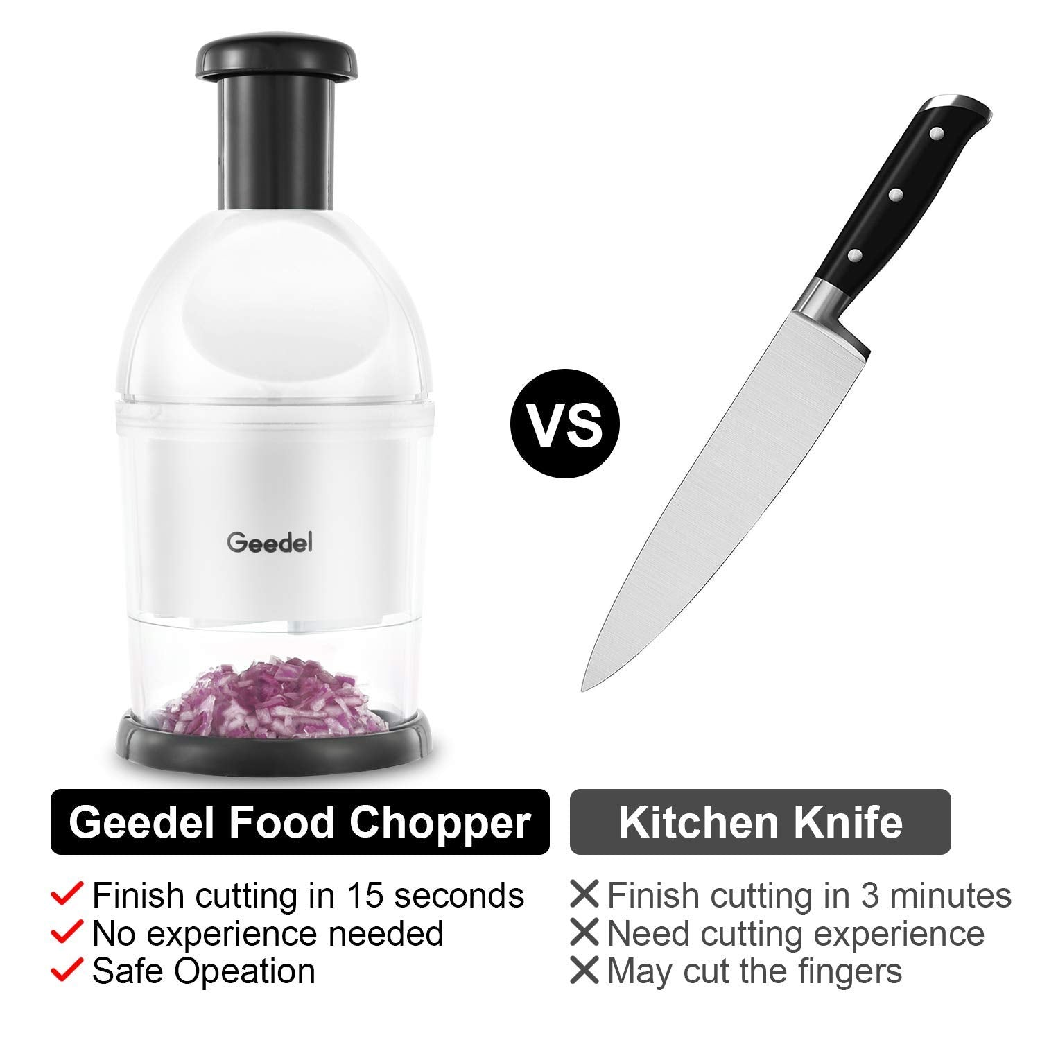 Geedel Food Chopper used on a cutting board for easy prep.