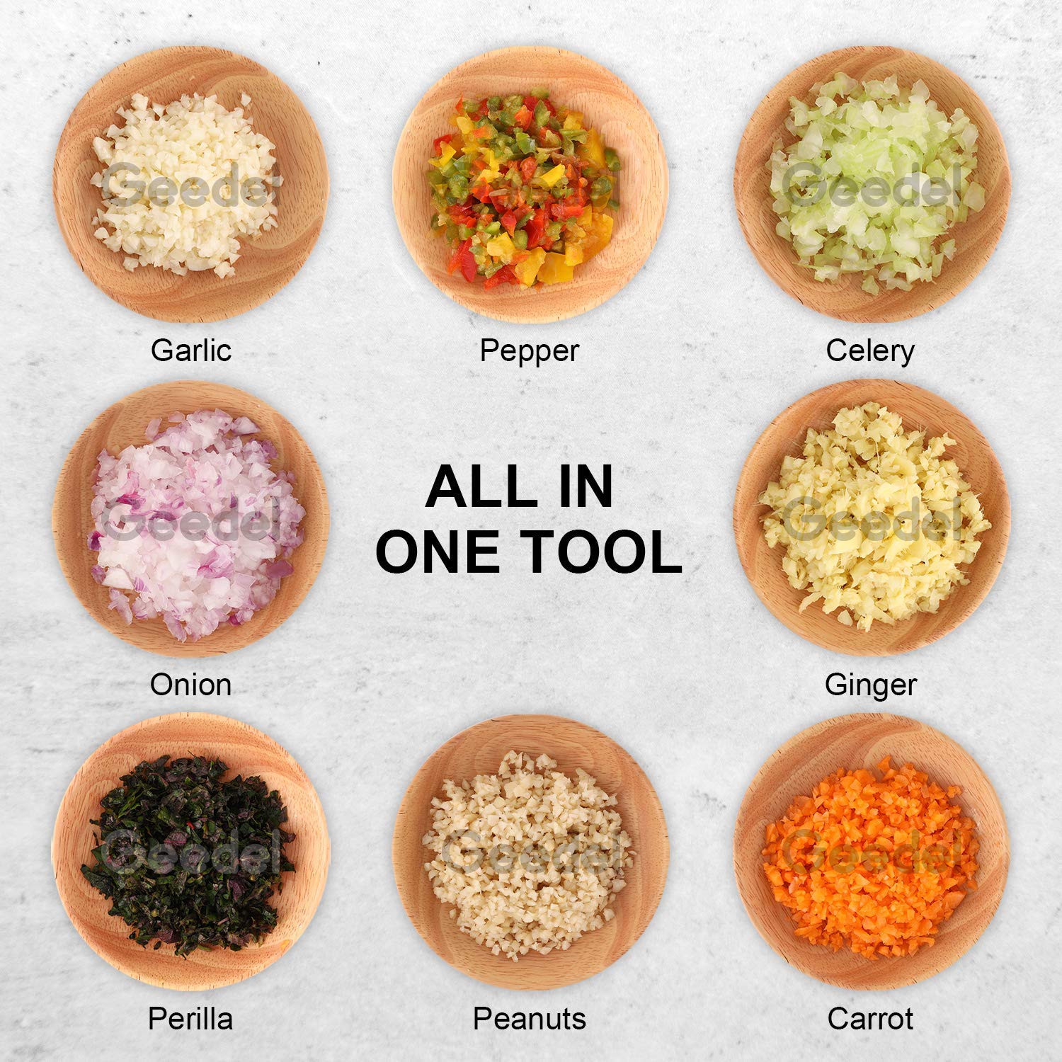 Geedel Food Chopper handles vegetables for fresh salads.