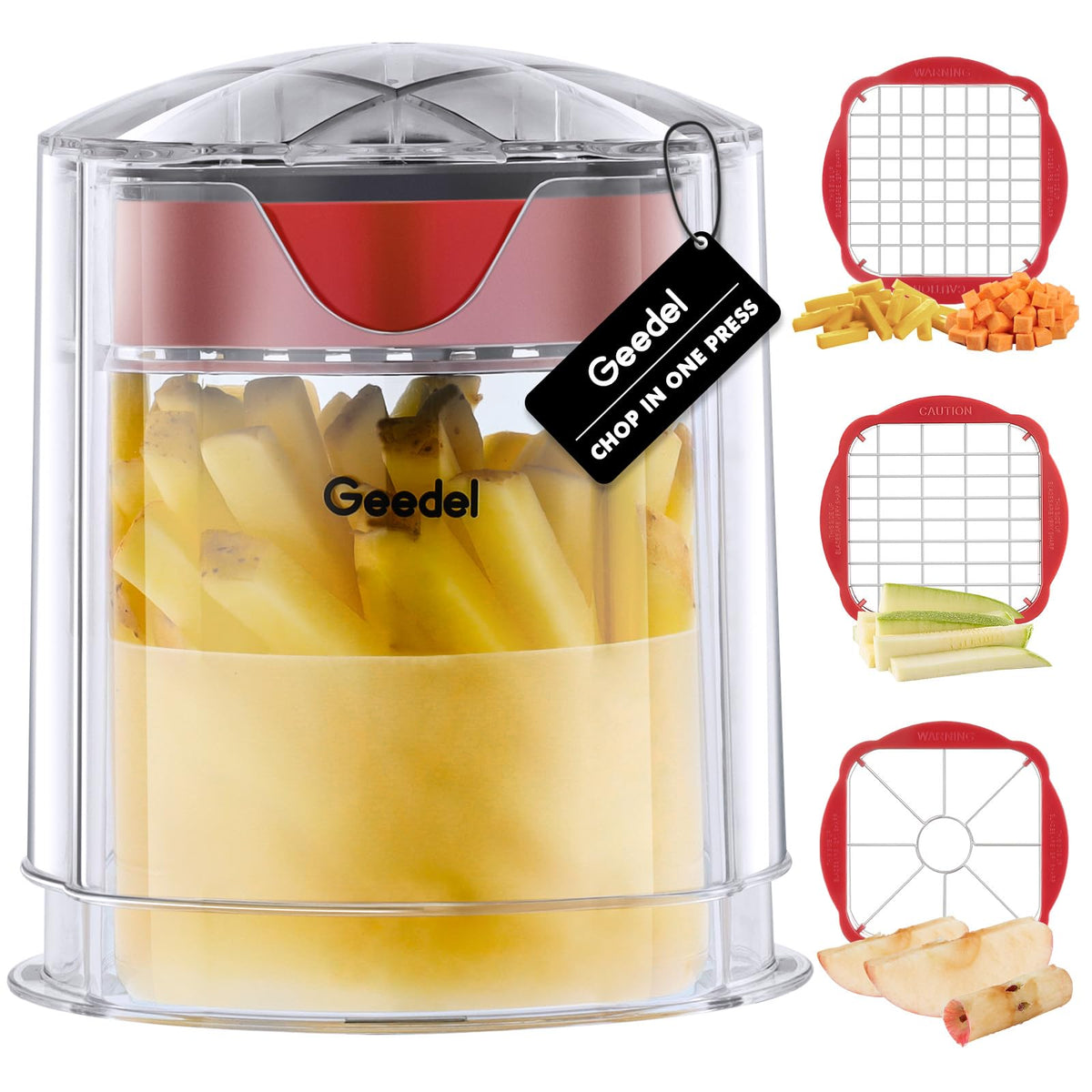Geedel French Fries Cutter slicing potatoes quickly for even results.