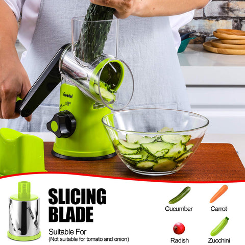 Geedel kitchen mandoline assembly demonstrates safe design with hand guard.