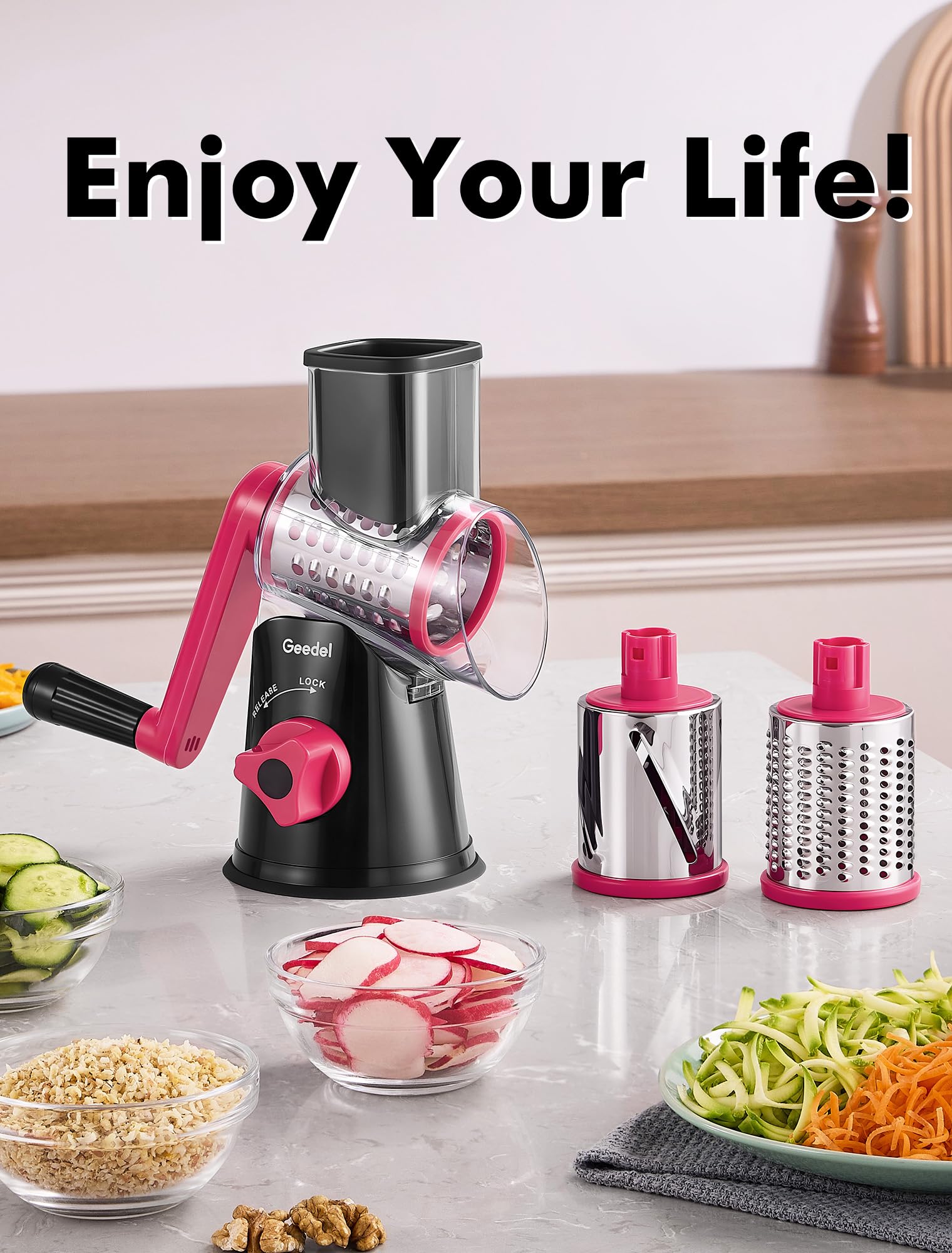 Geedel multi-use tool great for salads, hash browns, and toppings.