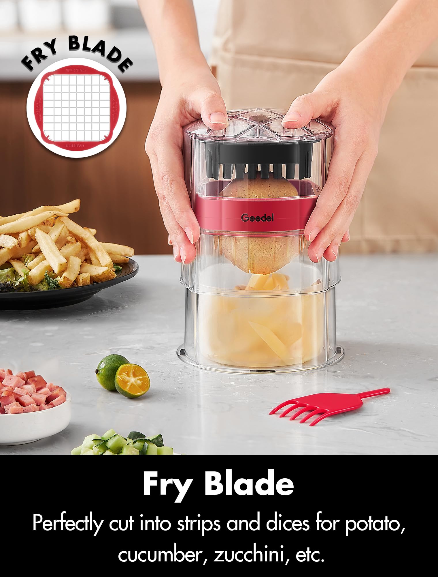 Geedel Onion Chopper with three blades for fast vegetable prep.