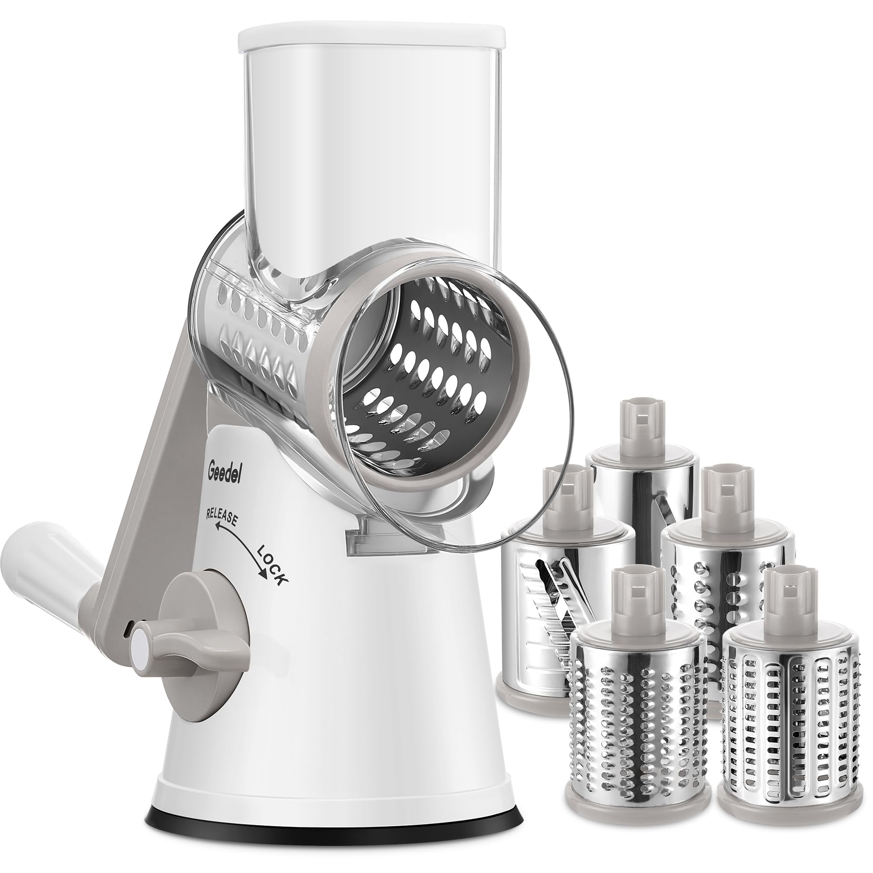 Geedel rotary cheese grater with base suction for stable shredding on the counter