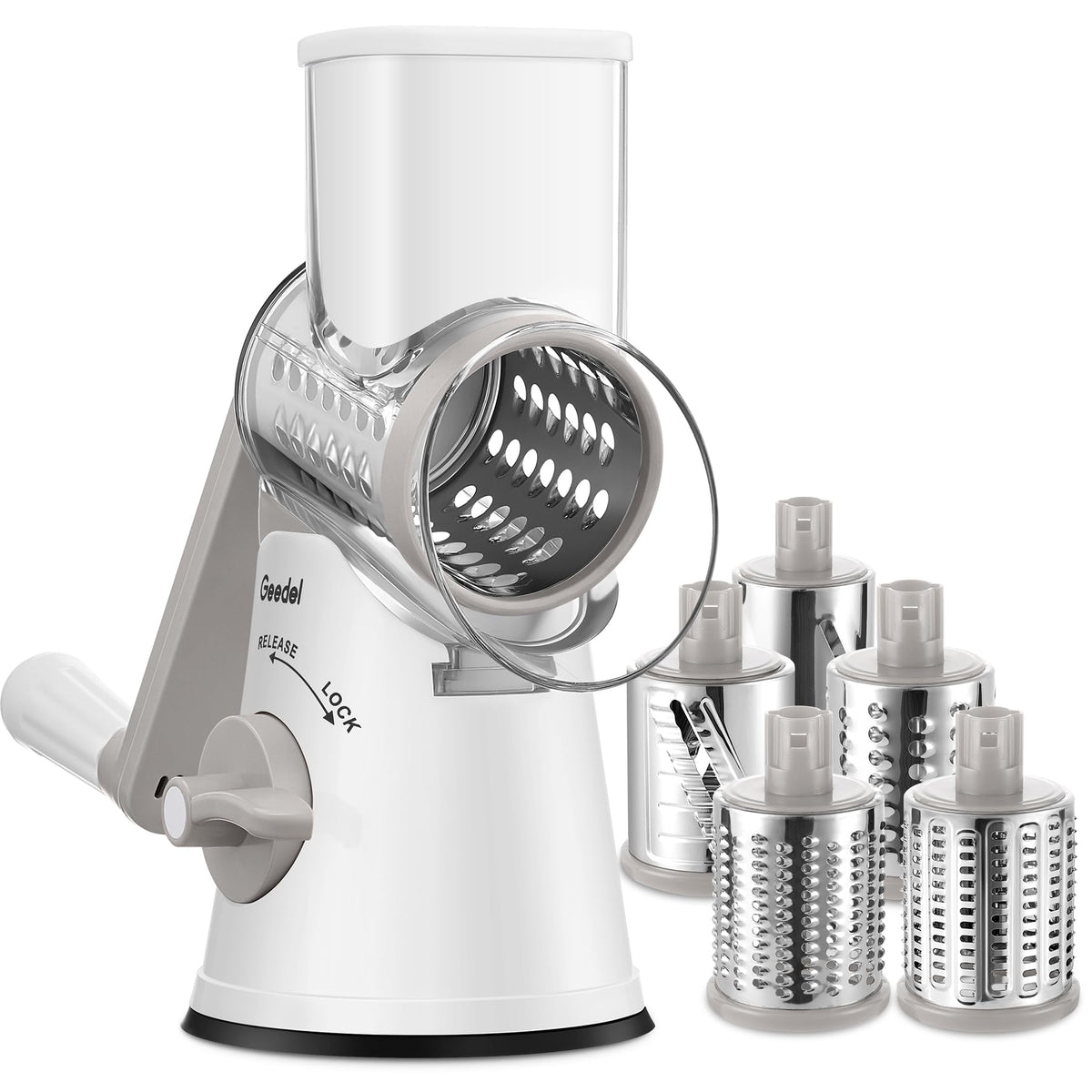 Geedel rotary cheese grater with base suction for stable shredding on the counter