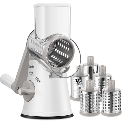 Geedel rotary cheese grater with base suction for stable shredding on the counter