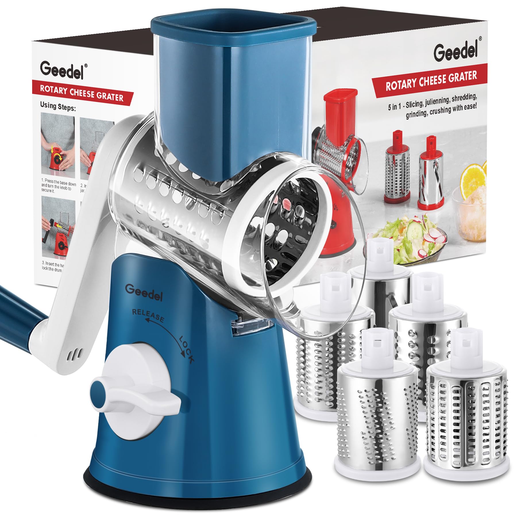 Geedel rotary cheese grater with base suction secures stability for easy grating.