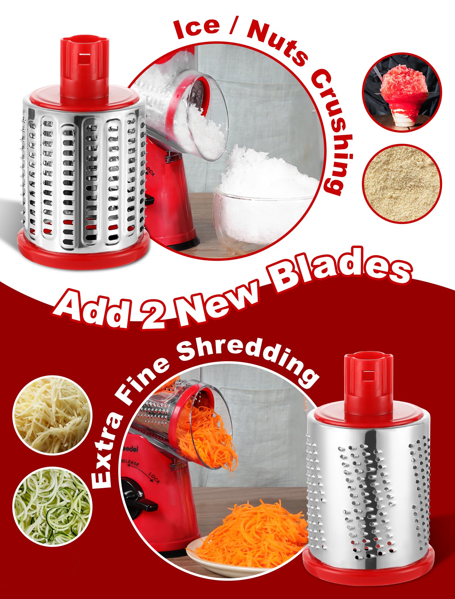 Geedel rotary cheese grater blade swap for versatile slicing