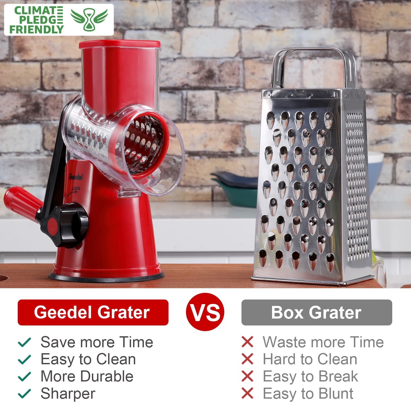 Geedel Rotary Cheese Grater blades on display for versatile textures.