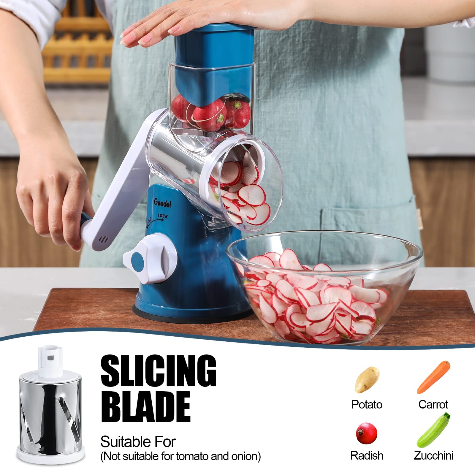 Geedel blades enable slicing, shredding, grinding for versatile prep
