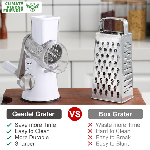 Geedel grater blades enable slicing, shredding, and grinding with ease.