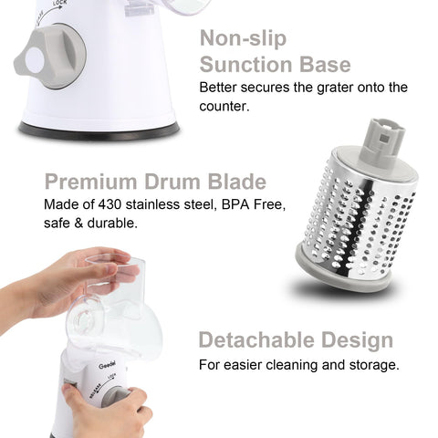 Geedel rotary grater helps prepare salads, hash browns, and tacos efficiently.