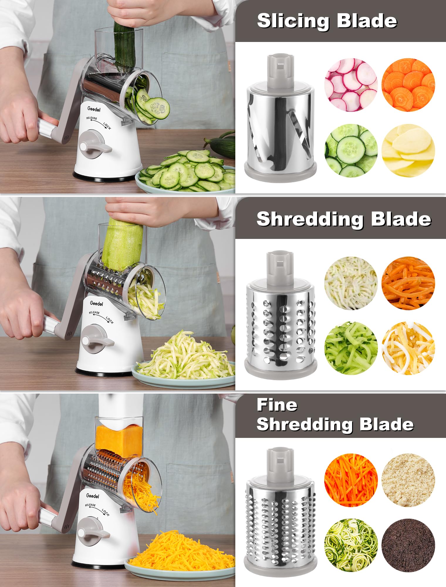 Geedel crushing blade enables finer textures from hard cheeses and nuts