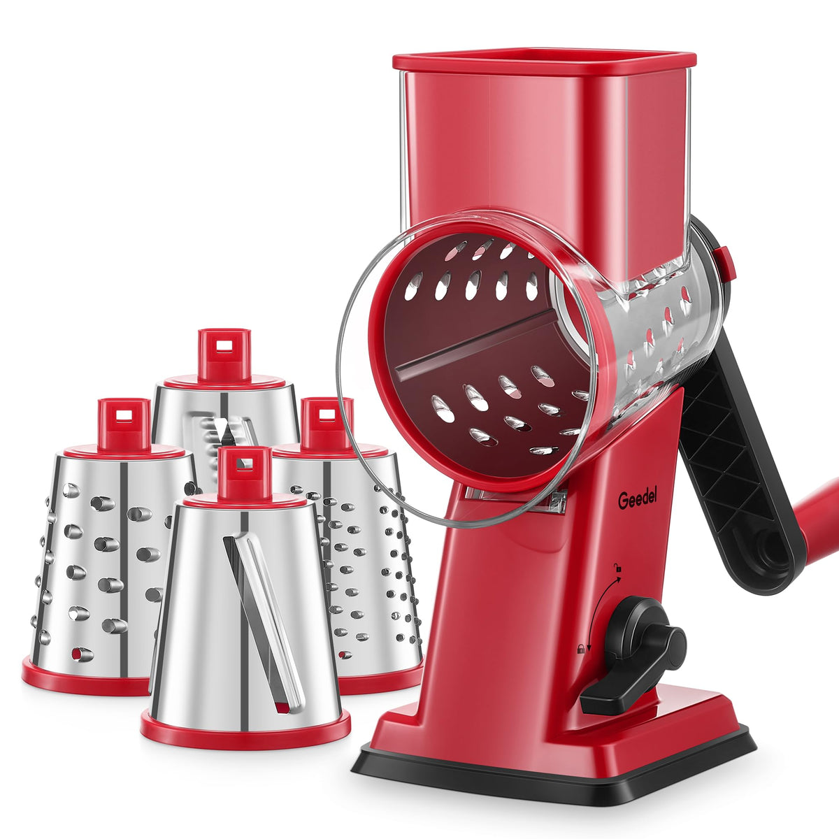 Geedel rotary cheese grater front view for effortless shredding