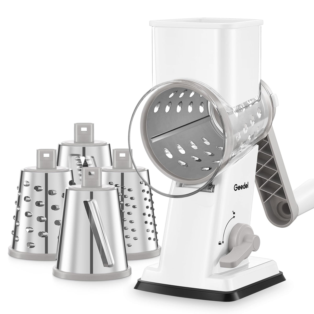 Geedel rotary cheese grater with handle for quick, controlled shredding on weeknight meals