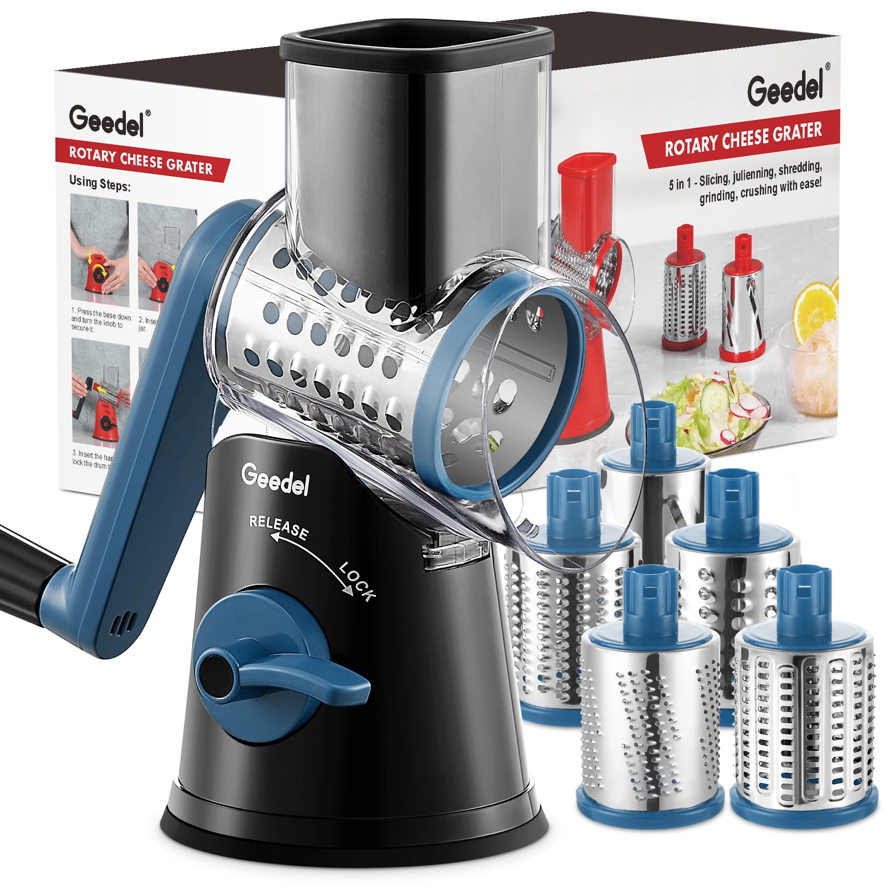 Geedel rotary cheese grater with handle for safe, stable shredding.