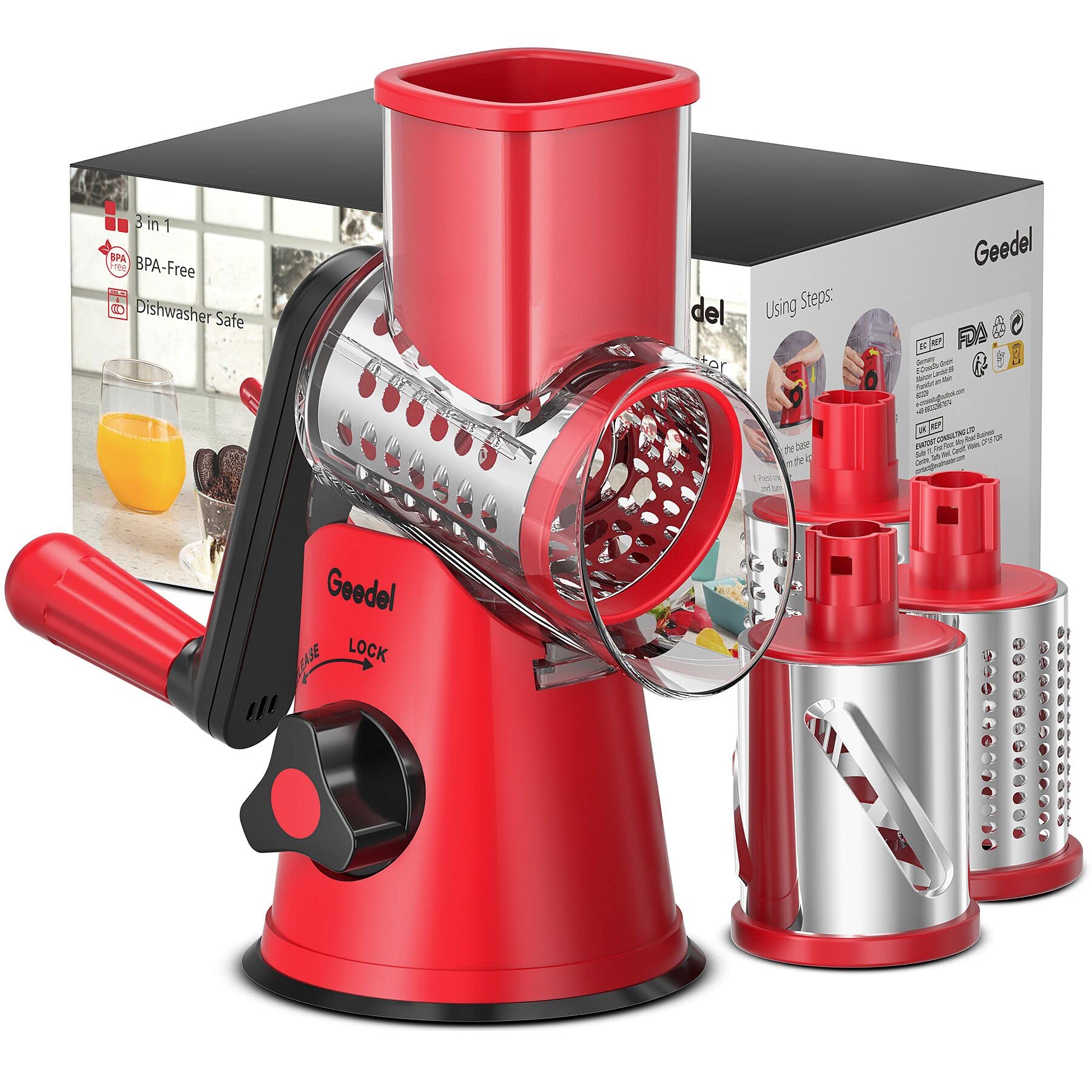 Geedel rotary cheese grater with handle for safe shredding