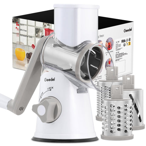 Geedel rotary cheese grater with ergonomic handle for effortless shredding.