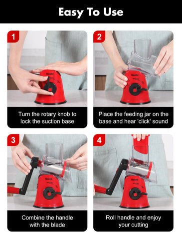 Geedel rotary cheese grater in use for shredding cheese and grating vegetables