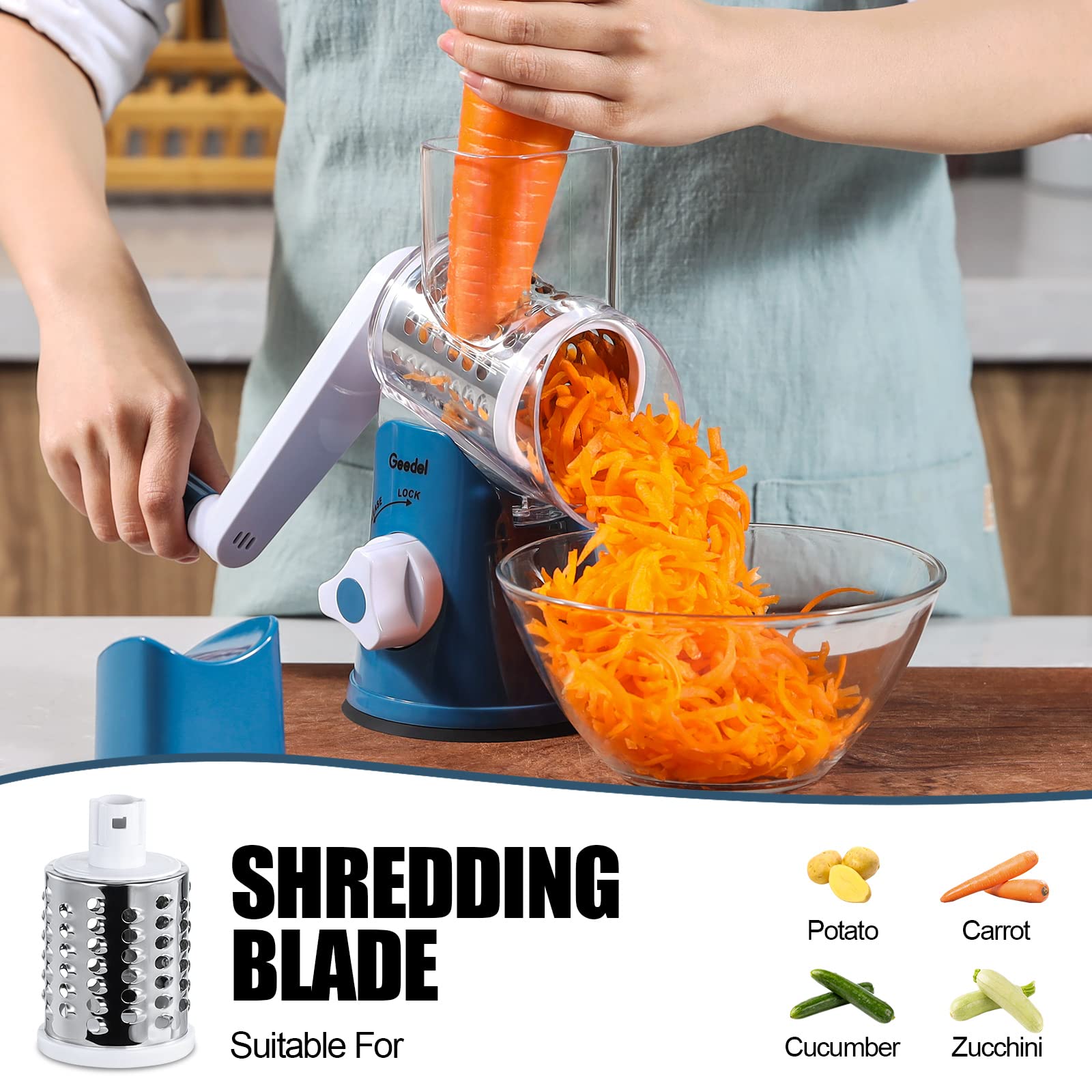 Geedel shredding blade quickly grates cheese for salads