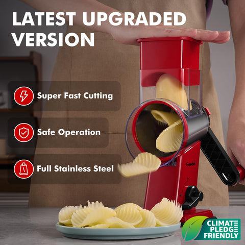 Geedel rotary grater with slicing blade for even vegetable slices