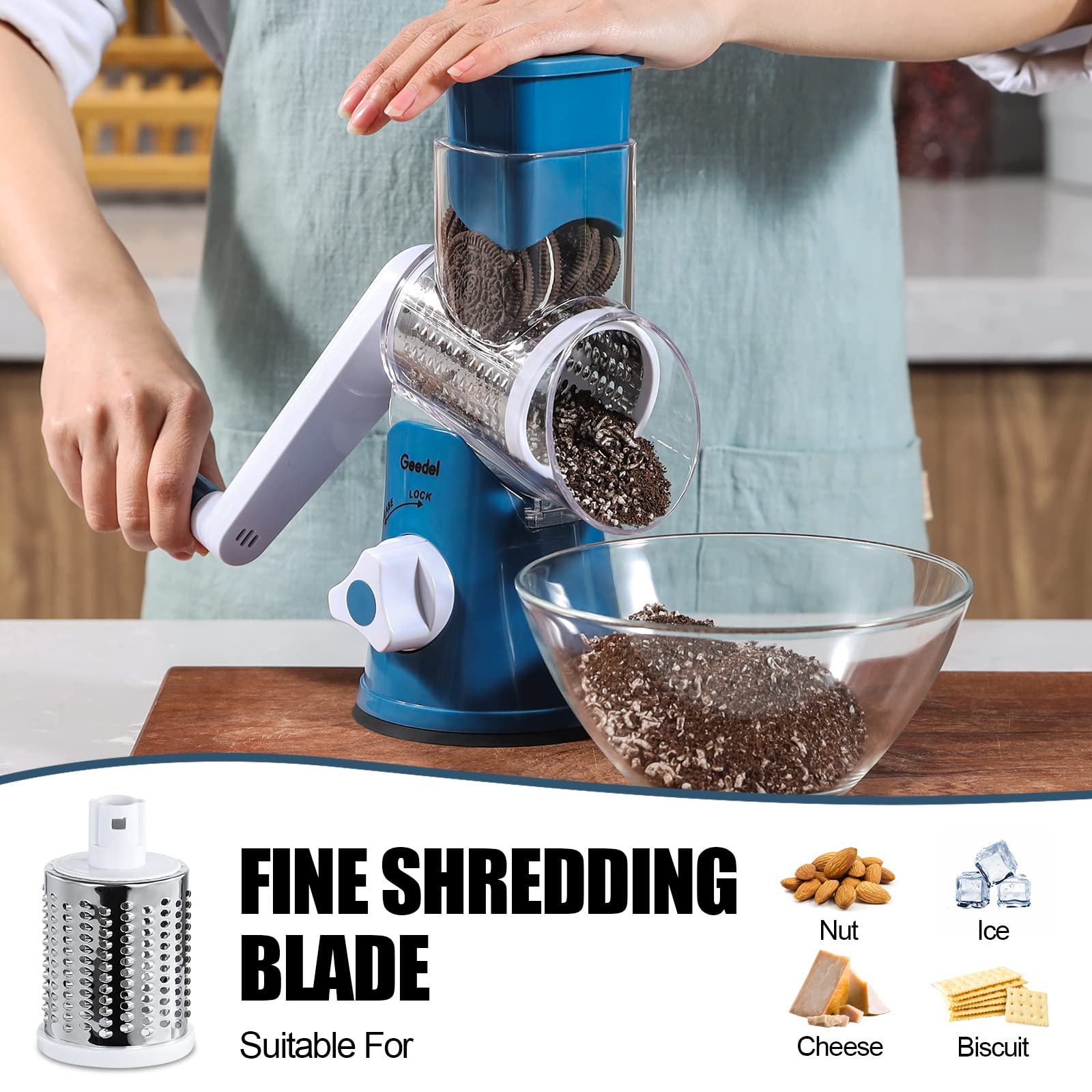 Geedel slicing blade yields thin, even slices for toppings
