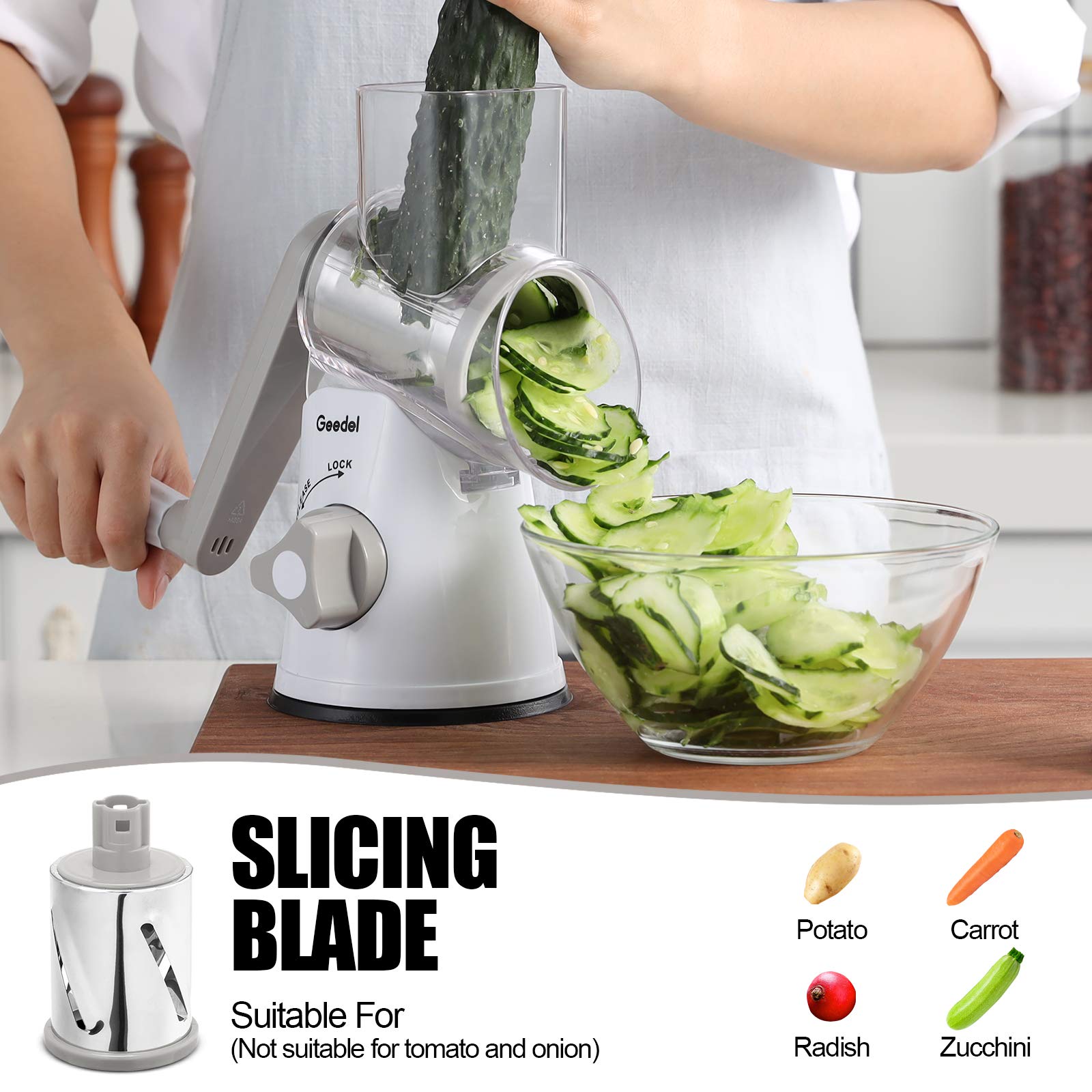 Geedel suction base keeps the grater steady on the counter.