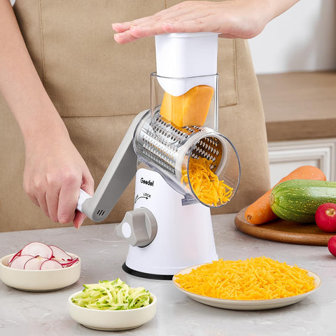 Geedel rotary grater handles vegetables and fruits for quick slices.