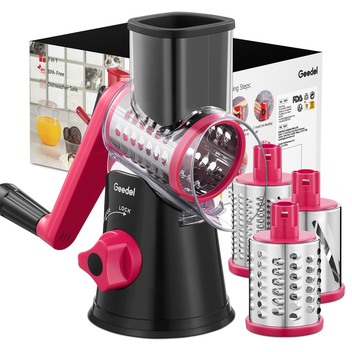 Geedel rotary cheese grater with handle for easy fresh shredding at home.